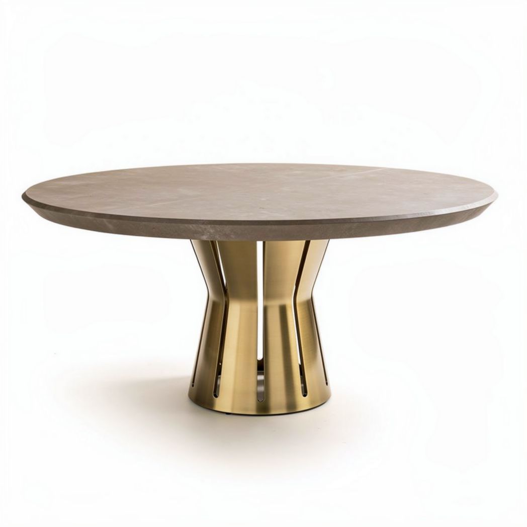 Round dining table with concrete top and metal base in gold finish 80 x 80 x 75cm