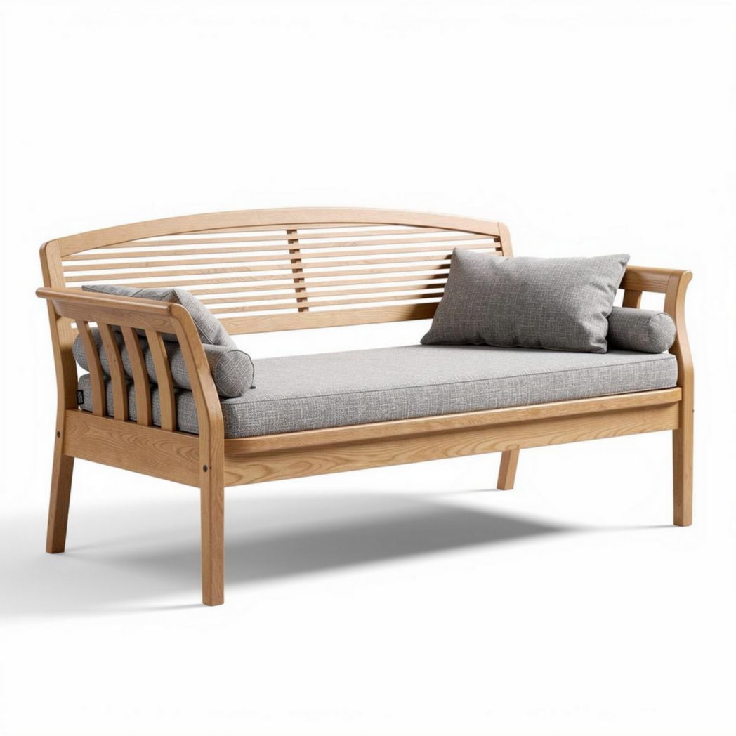 Wooden slatted sofa with grey cushions and two decorative pillows 180 x 70 x 85cm