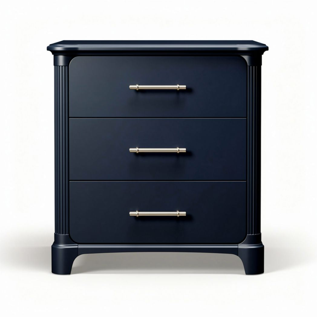 Navy blue bedside table with three drawers made from engineered wood