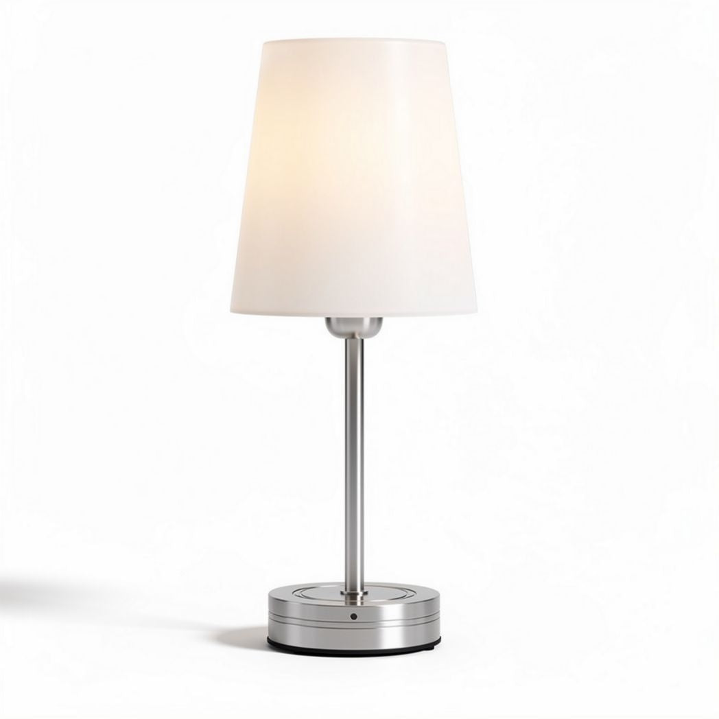 Table lamp with white shade and brushed metal base 15 x 15 x 30cm