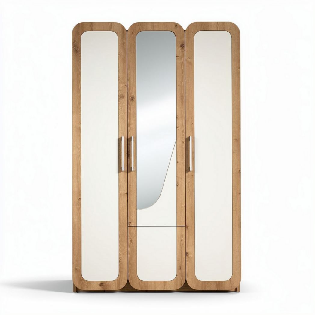 Three-door wardrobe with mirror and wooden finish 160 x 60 x 210cm