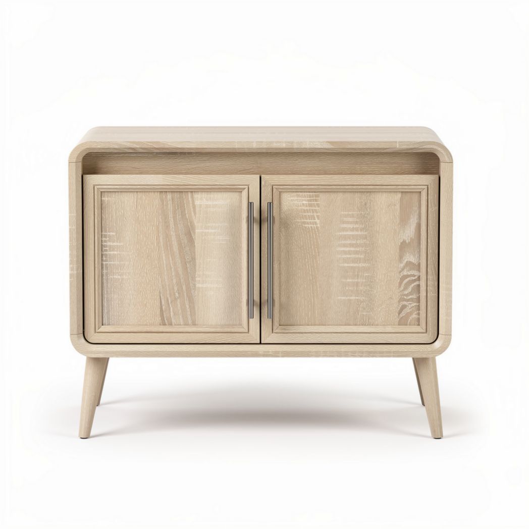 Wooden nightstand with two doors and tapered legs 60 x 40 x 45cm natural finish