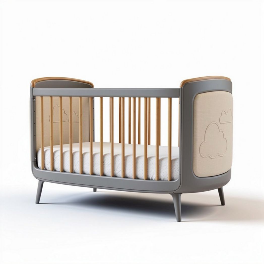 Convertible crib with wooden accents and removable mattress in grey 120 x 70 x 90cm