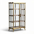 Glass display cabinet with gold metal frame and wooden shelves 80 x 40 x 180cm