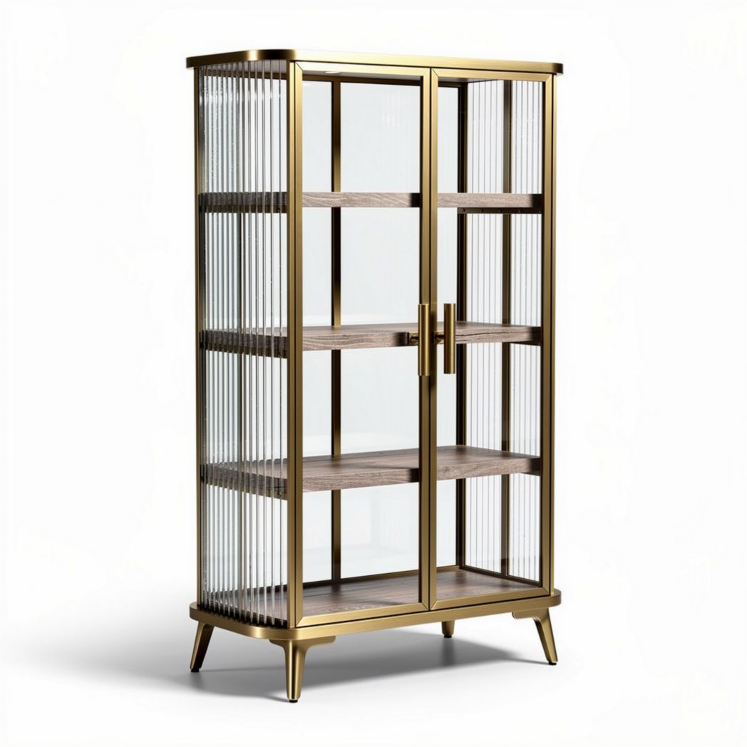 Glass display cabinet with gold metal frame and wooden shelves 80 x 40 x 180cm