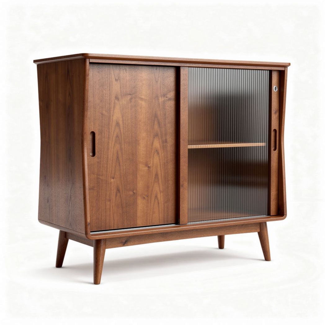 Mid-century modern wooden storage cabinet with sliding glass doors 90 x 45 x 80cm