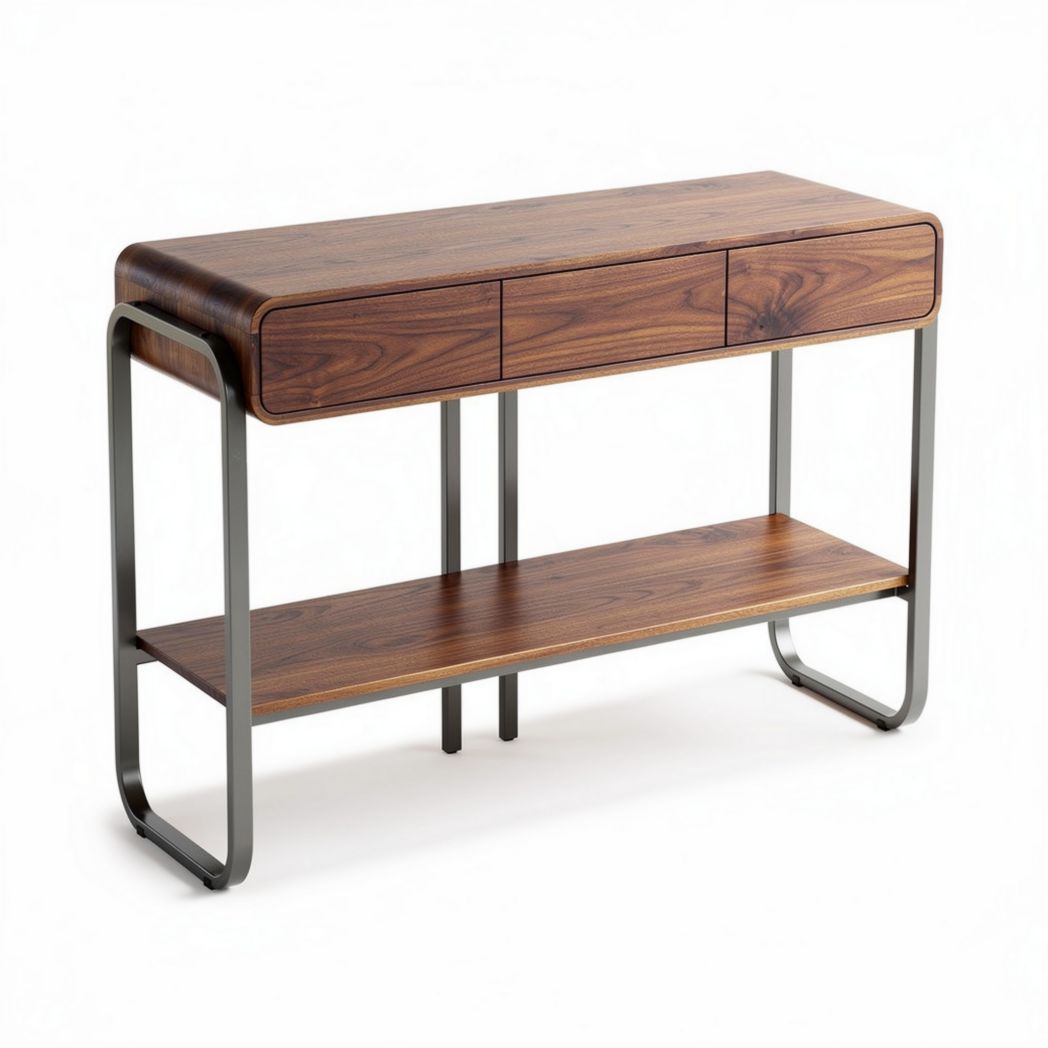 Wooden console table with metal frame and storage drawers 120 x 40 x 75cm